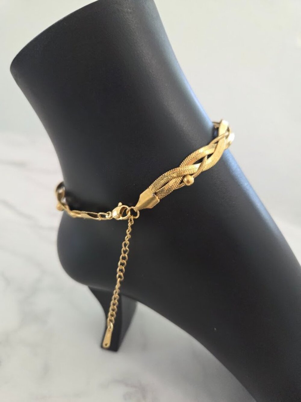 Vintage Gold Braided Herringbone Anklet Chevron Chain Anklet with Beads - Picture 8 of 12